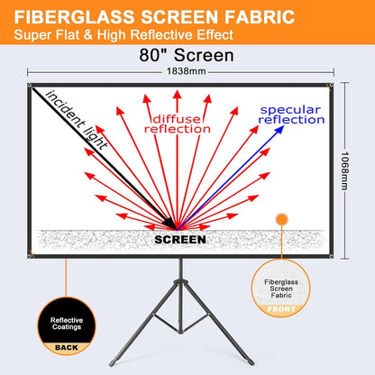 80in 4K Fiberglass Projector Screen with Tripod 16:9 HD Outdoor Portable