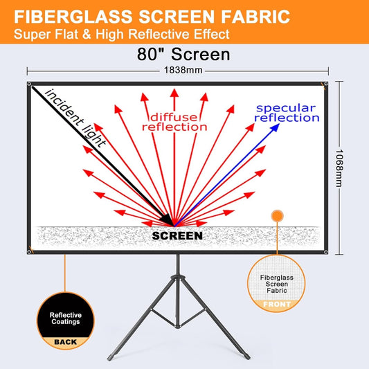 80in 4K Fiberglass Projector Screen with Tripod 16:9 HD Outdoor Portable