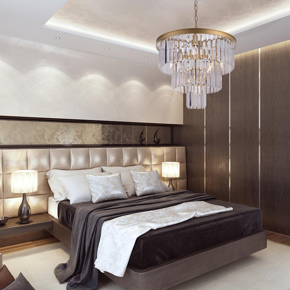 Crystal Chandelier Ceiling Light Gold 3 Tier 7 Lamp Modern Hanging Pendant 20"