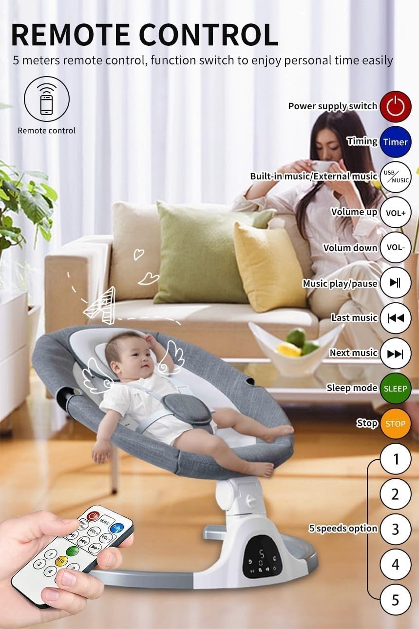Electric Baby Swing Bluetooth Remote 5 Speed Infant Rocker 5 Point Beige