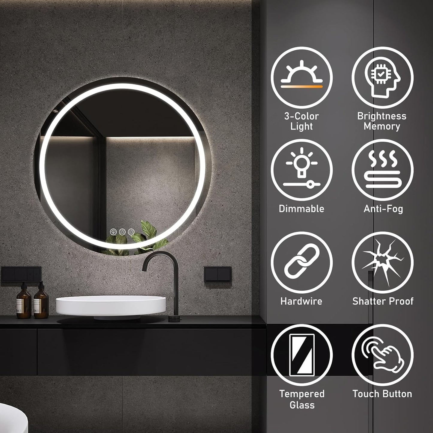 Bathroom Mirror LED 70cm Round Anti Fog Dimmable 3 Light IP44 Waterproof Glass