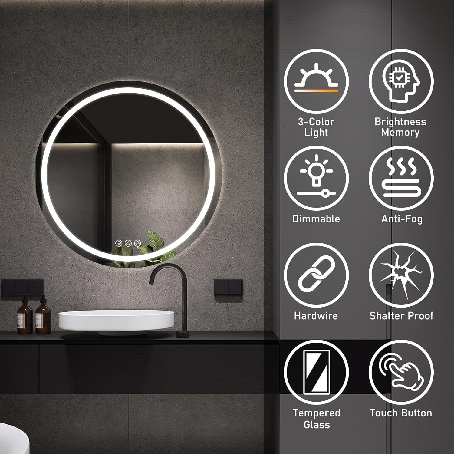 Bathroom Mirror LED 70cm Round Anti Fog Dimmable 3 Light IP44 Waterproof Glass