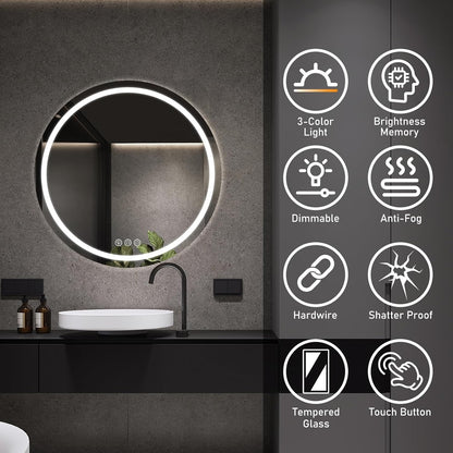 Bathroom Mirror LED 70cm Round Anti Fog Dimmable 3 Light IP44 Waterproof Glass