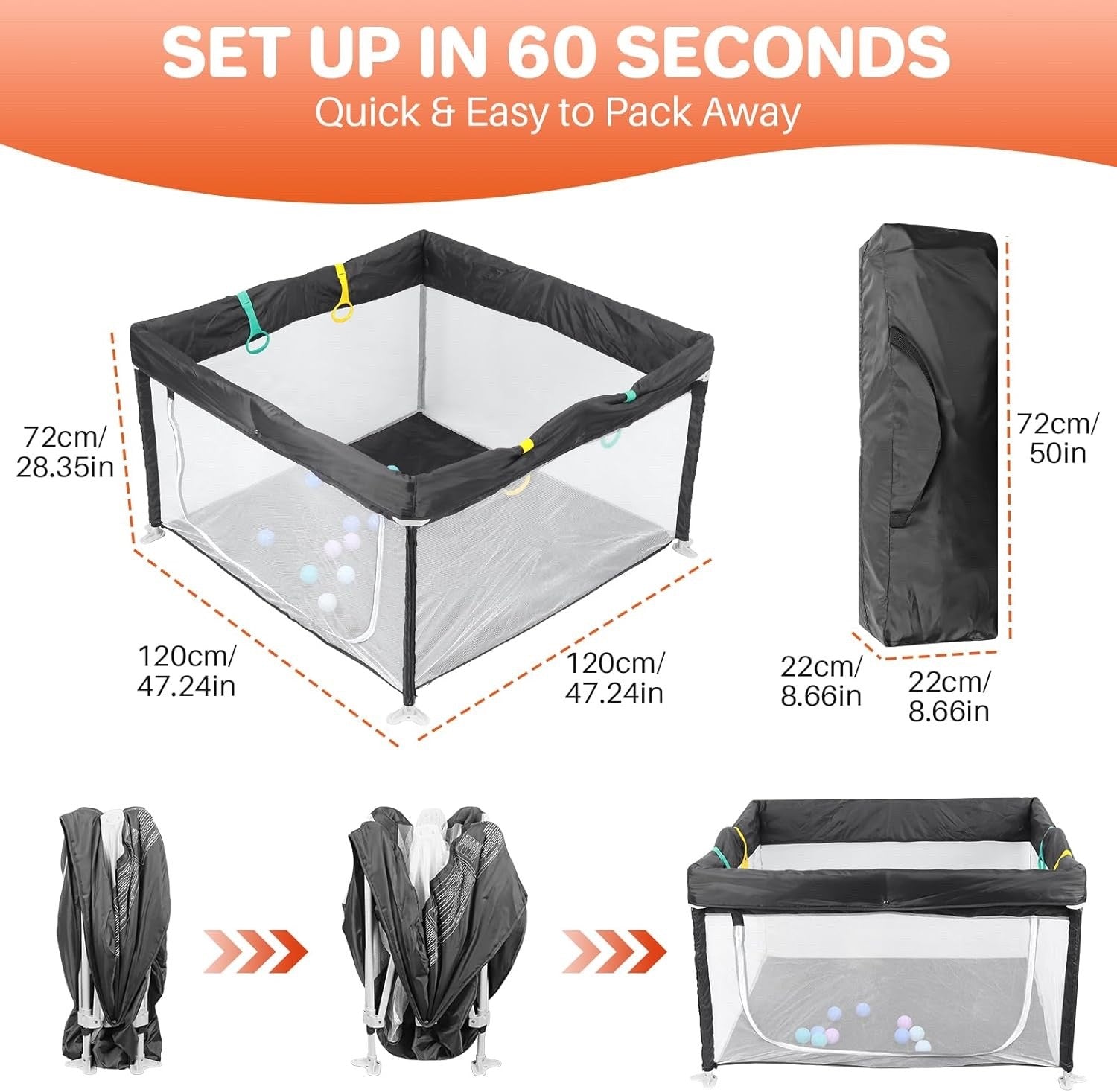 Baby Playpen Foldable Portable 50x50 Soft Mat Travel Play Yard Grey Kids Indoor