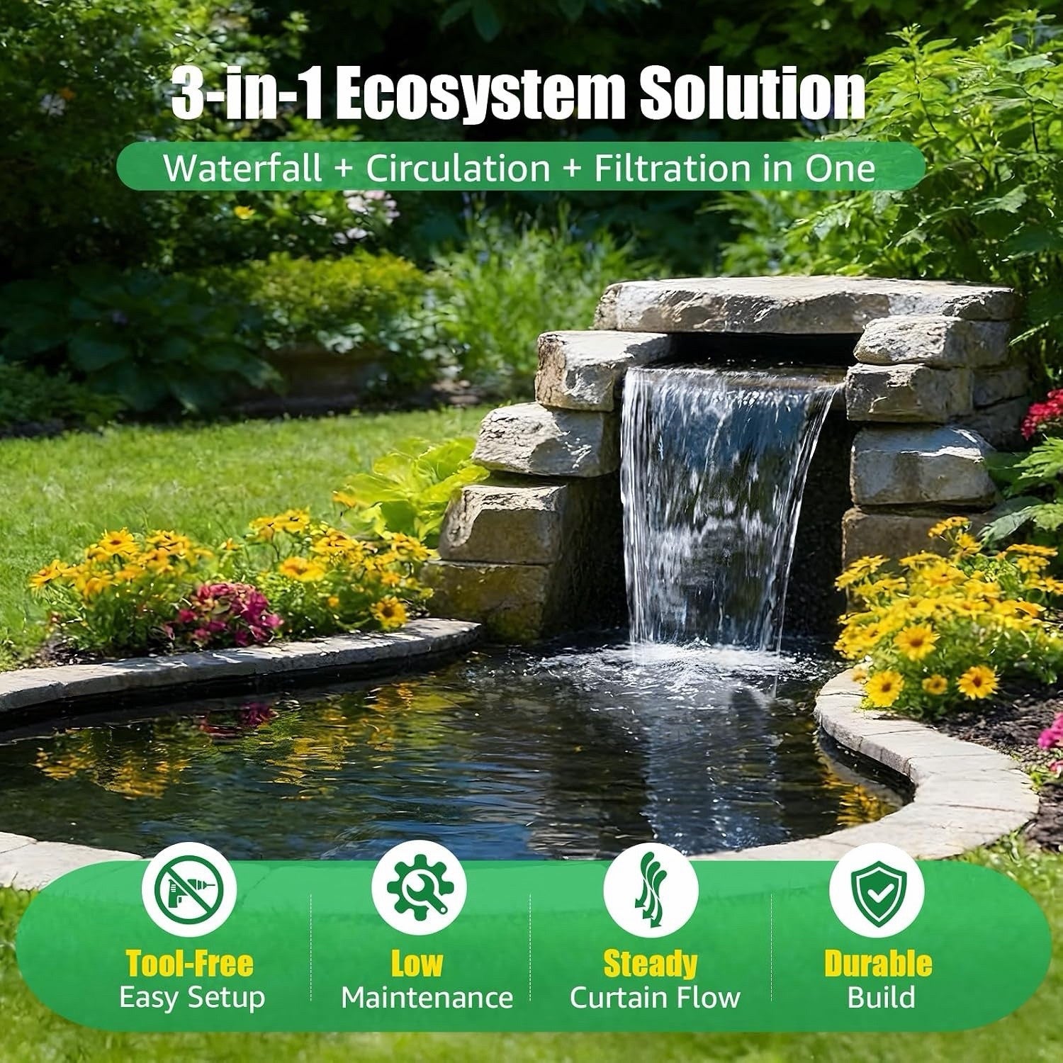 Pond Waterfall Filter Kit 980GPH Pump 13ft Hose 3000 Gallon Outdoor Garden Pond