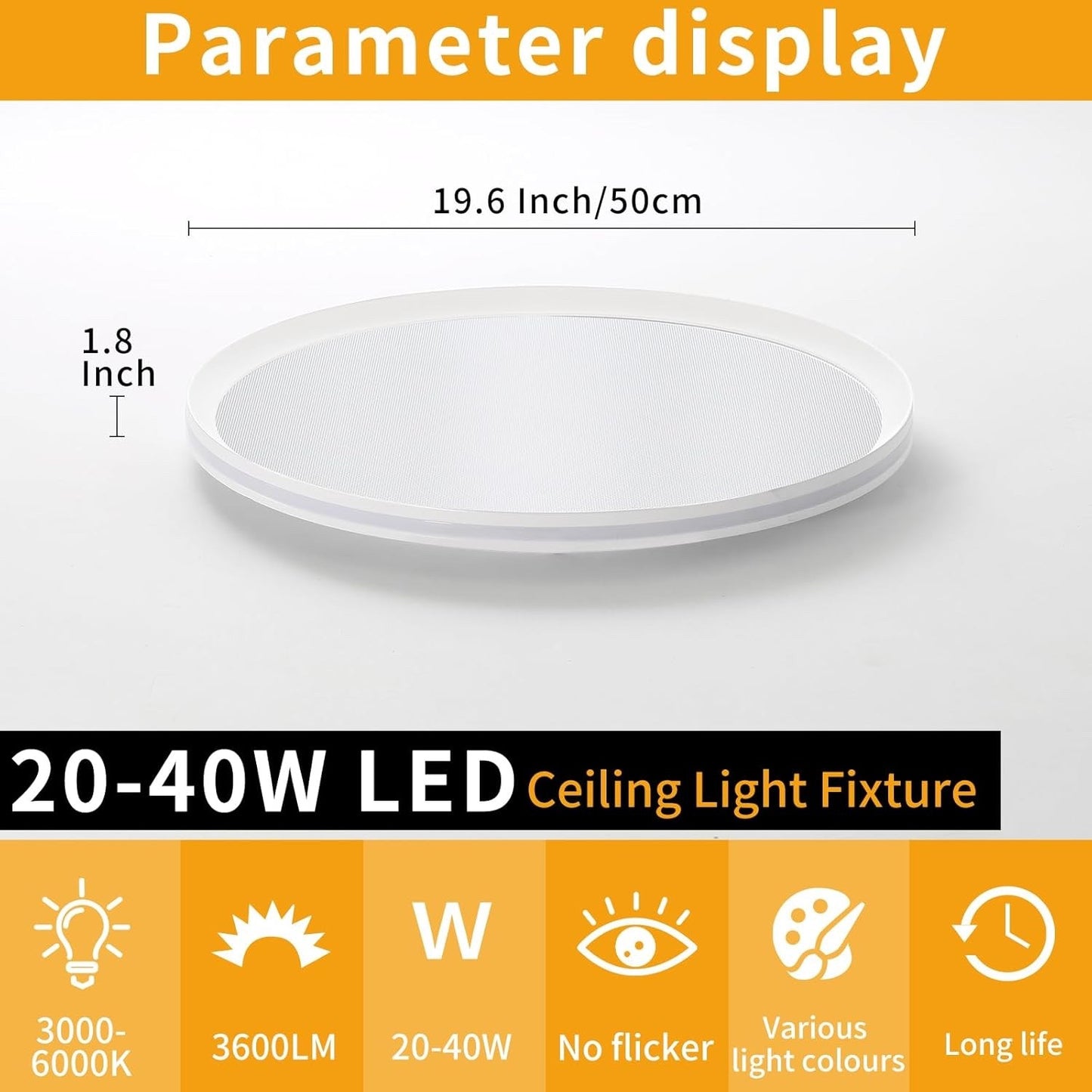 LED Ceiling Light 50cm Full Spectrum Dimmable Round Remote Flush Mount Lamp Room