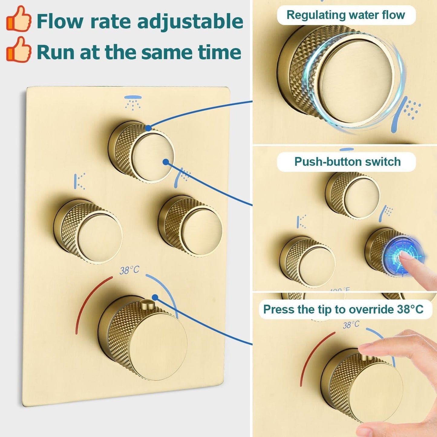 Concealed Rainfall Shower Thermostatic Mixer Valve System Simultaneous Operation
