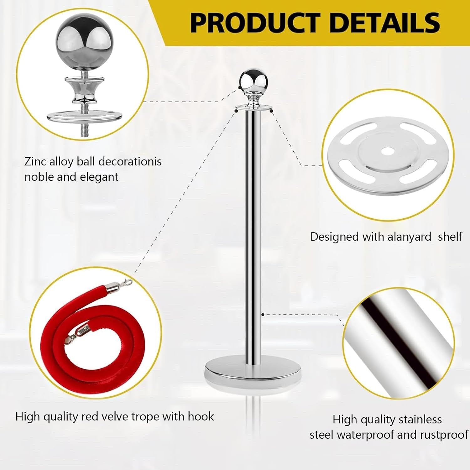 4Pcs Stainless Steel Stanchion Posts Queue Set Red Velvet Rope Crowd Control