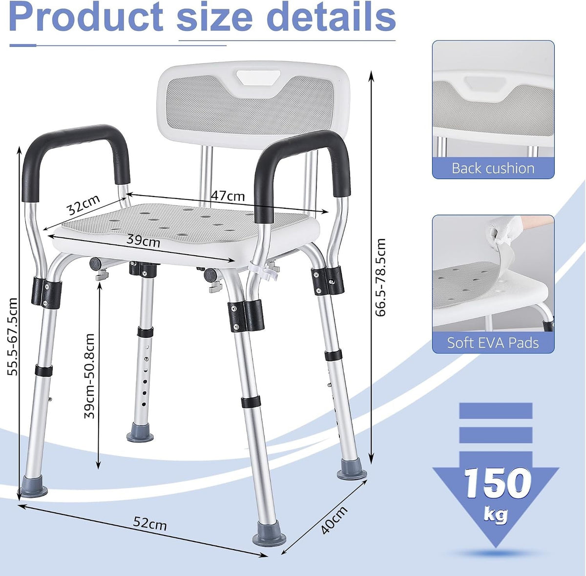 Shower Chair Bath Seat Stool Adjustable Height Non Slip Arms Backrest 150kg Grey
