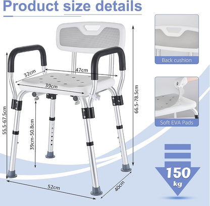 Shower Chair Bath Seat Stool Adjustable Height Non Slip Arms Backrest 150kg Grey
