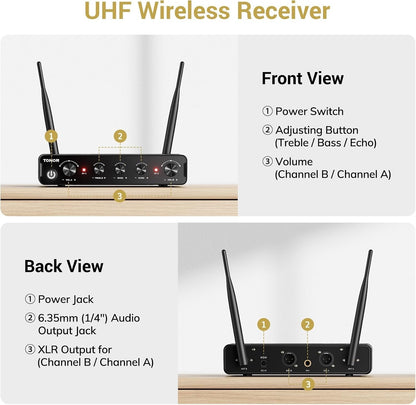 Wireless Microphones UHF Dual Handheld Karaoke Mics Receiver 60m Set Black Red