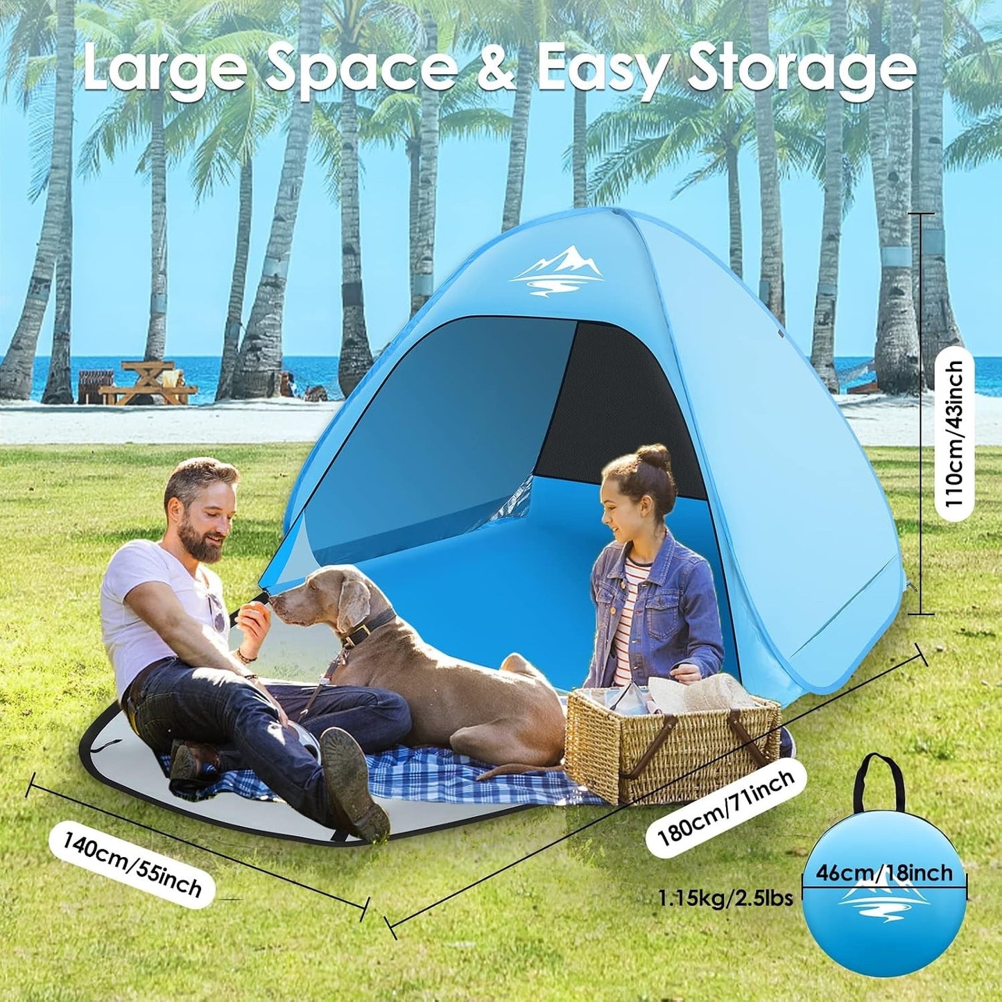 Pop Up Beach Tent Sun Shelter 2-3 Person UPF50+ Waterproof Blue Portable Shade