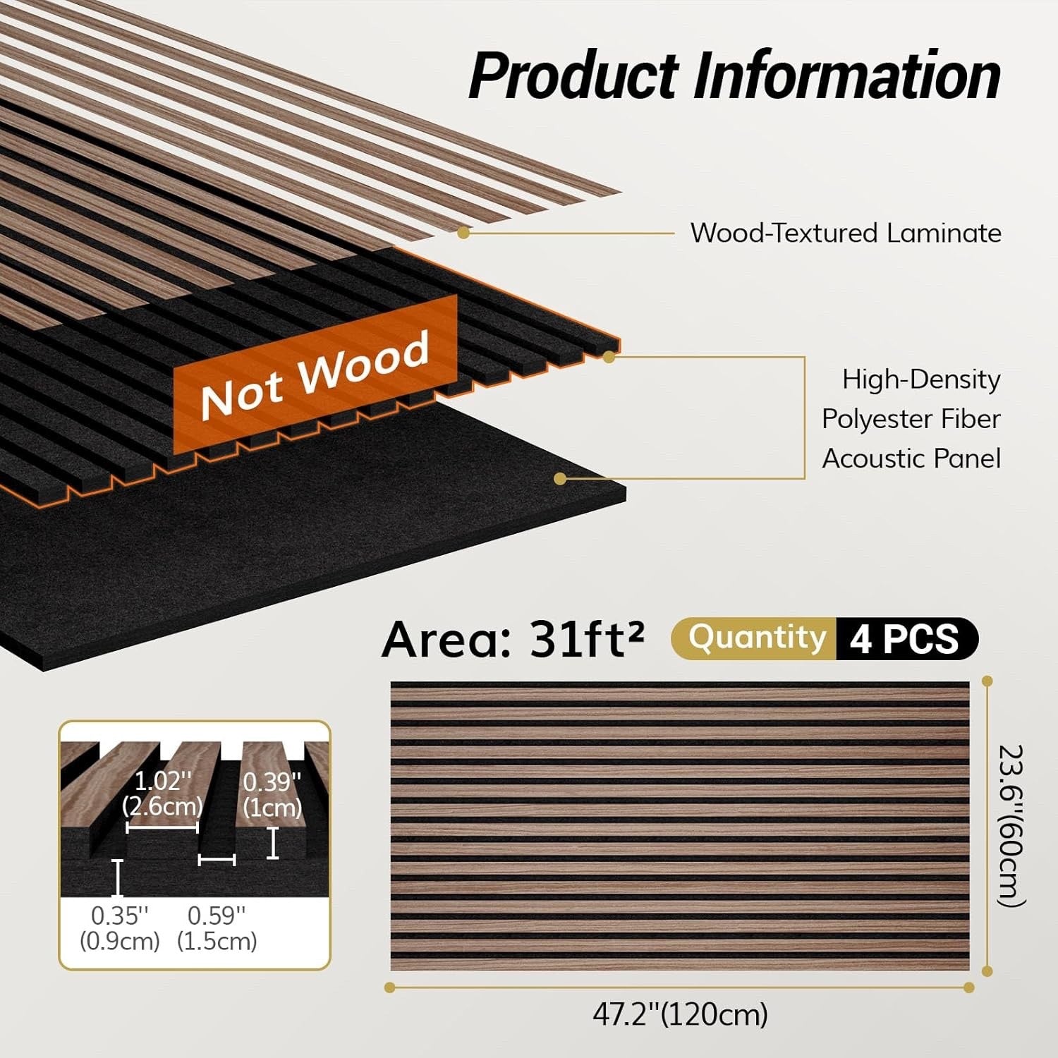 4 Pack Wood Slat Acoustic Wall Panels 48x24in Sound Absorbing Dark Walnut
