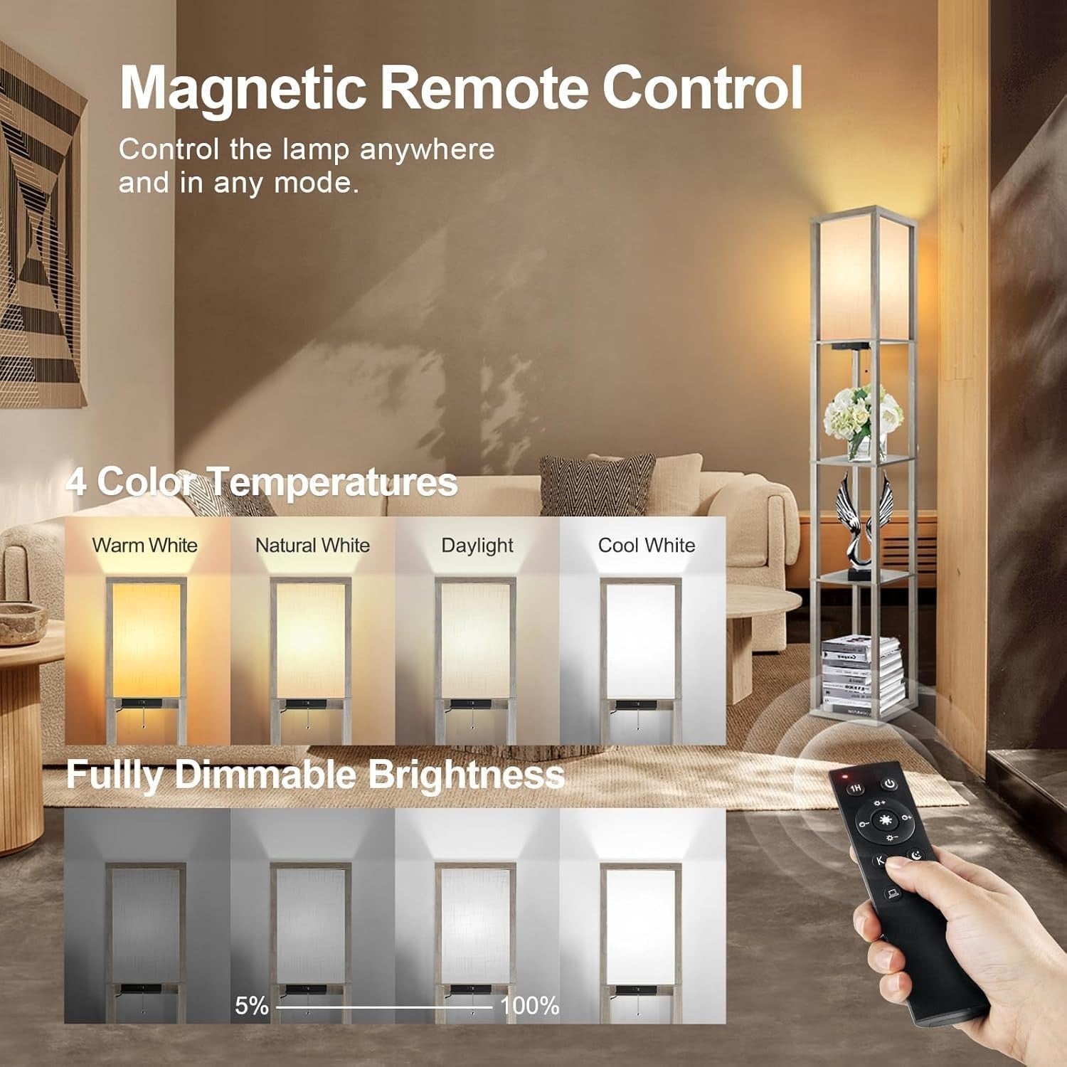 LED Floor Lamp Shelf Remote Dimmable USB Charging 3 Tier Grey Living Room