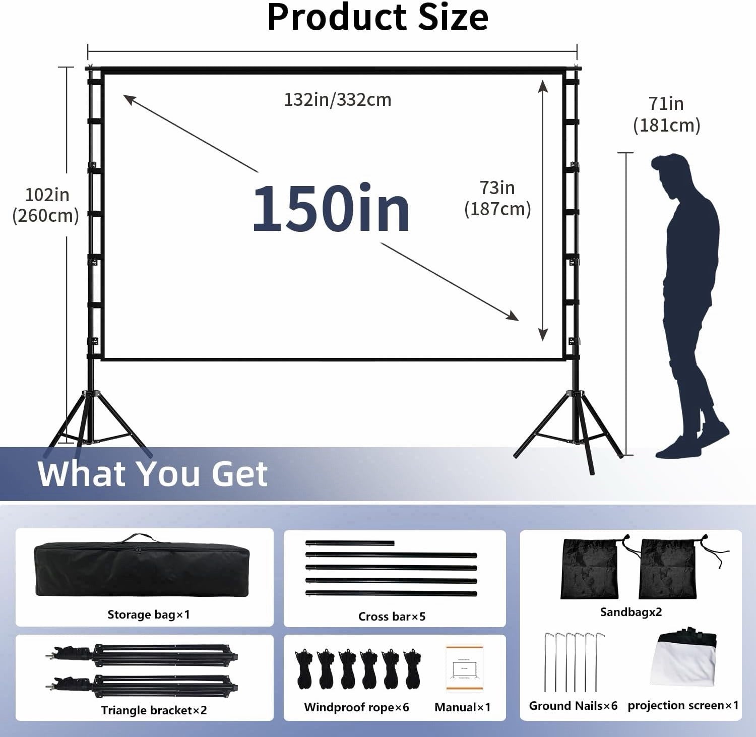 150 Inch Projector Screen Stand 16:9 4K HD Portable Foldable Outdoor Cinema