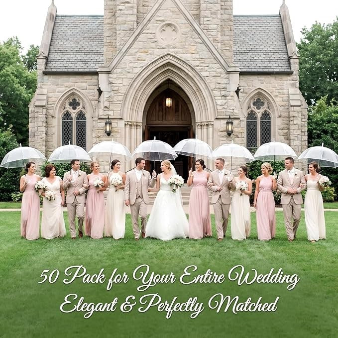 50 Pack Clear Umbrellas Wedding Transparent Dome White Handle Semi Automatic