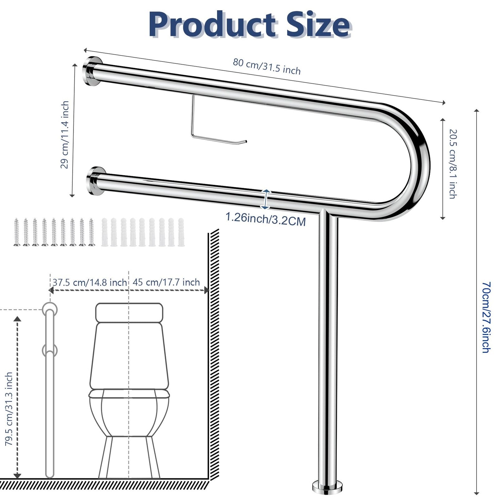 80cm Bathroom Grab Rail Toilet Support Handle Chrome Safety Bar w Paper Holder