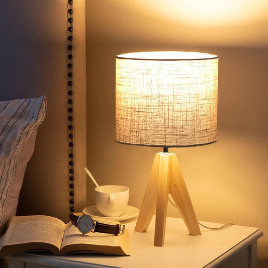 EDISHINE 36 cm Bedside Lamps Linen Lampshade Wooden Tripod