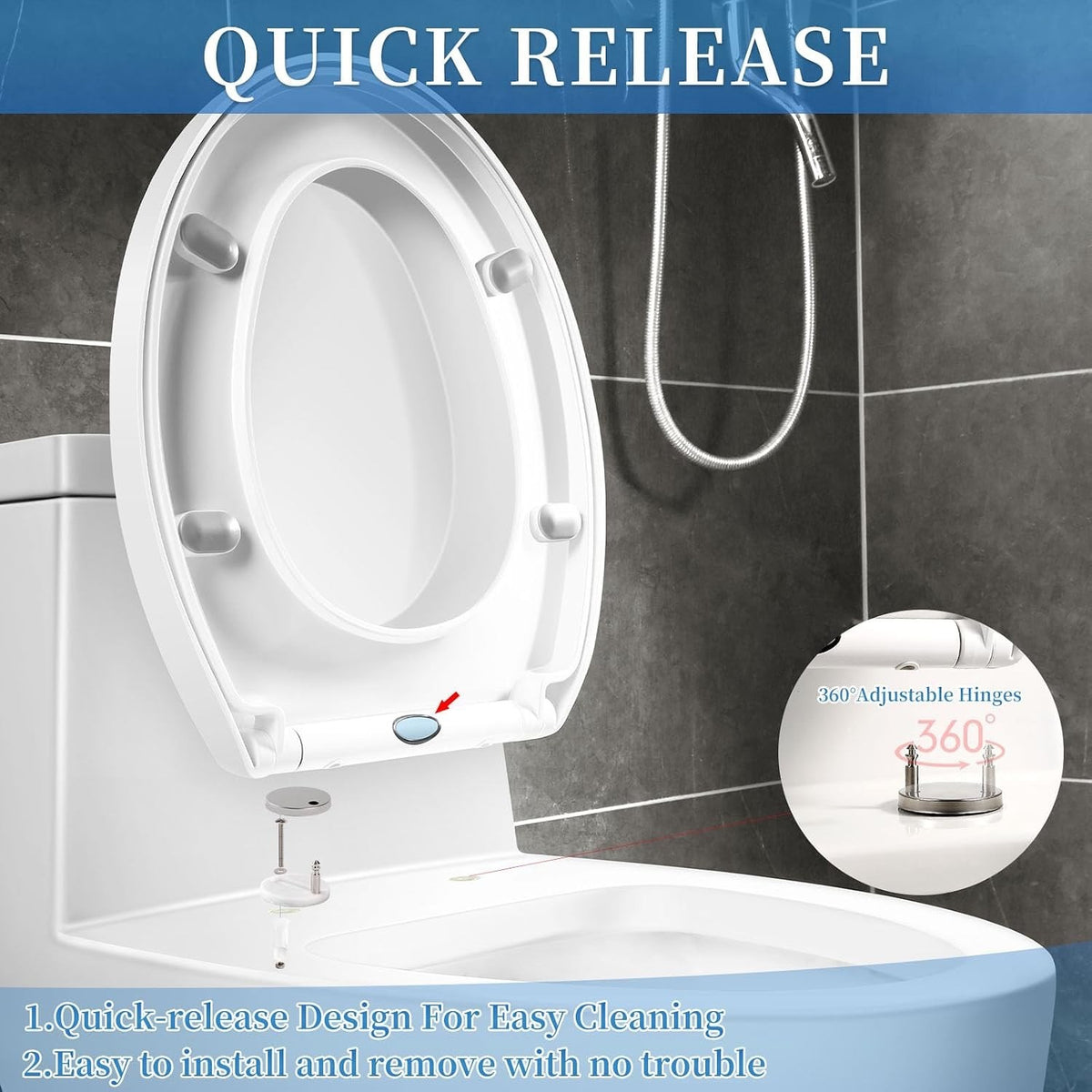 D Shape Toilet Seat Soft Close Quick Release Top Fix 46x36cm White Bathroom
