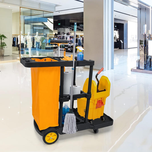 Large Janitorial Cleaning Cart Trolley Housekeeping Utility w/ Swivel Wheels
