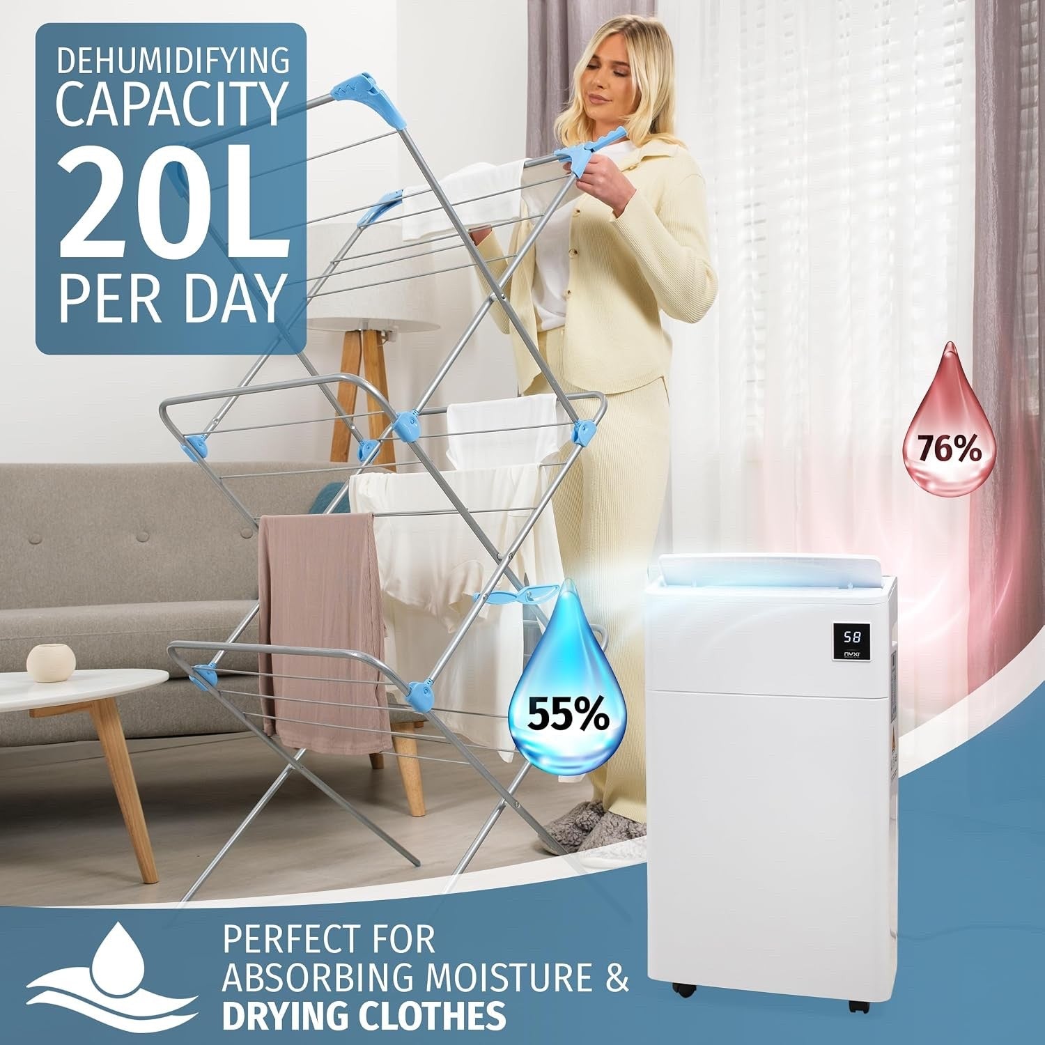 20L Dehumidifier Laundry Dryer Damp Condensation 5.5L Tank Digital Humidity