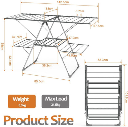 Clothes Airer Drying Rack 33 Rails Foldable Height Adjustable Indoor Outdoor