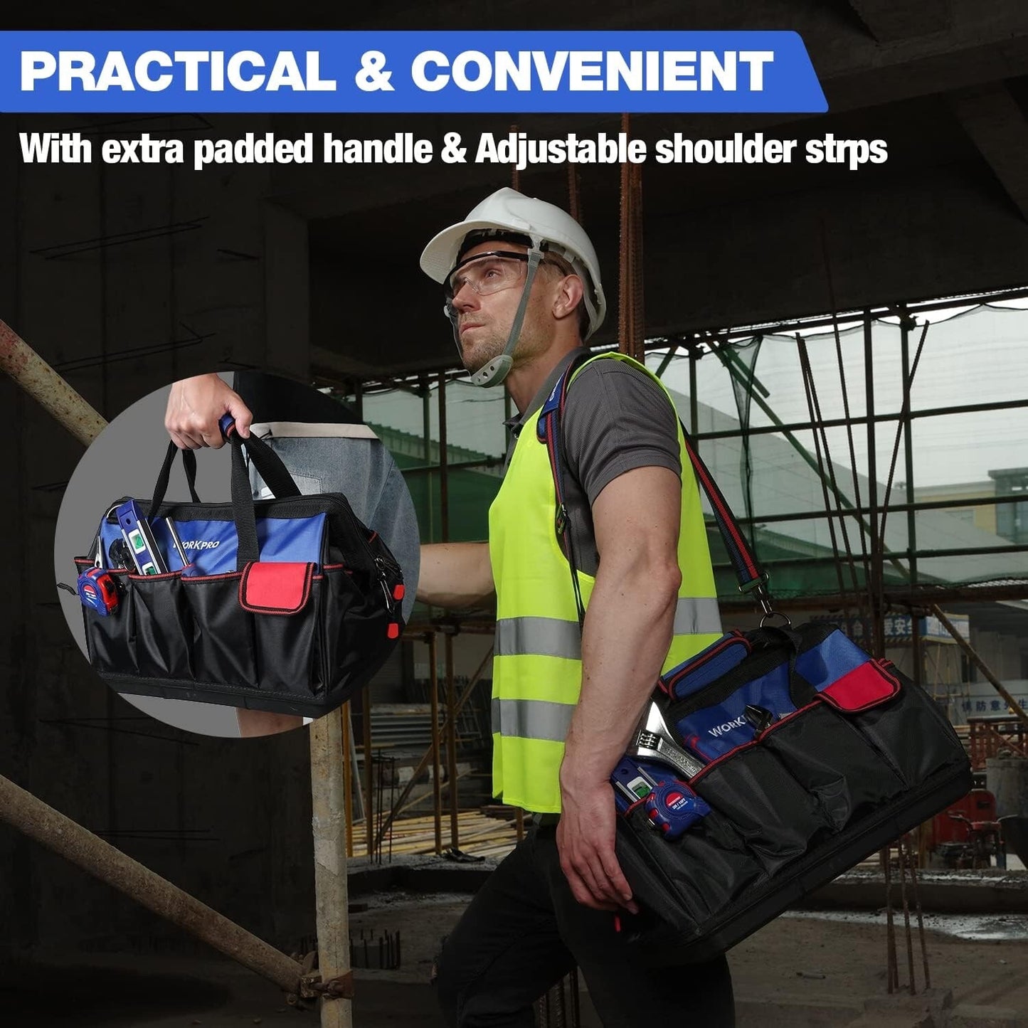 WORKPRO Tool Bag 18 Inch Tool Bag with Waterproof Molded Base Blue Black