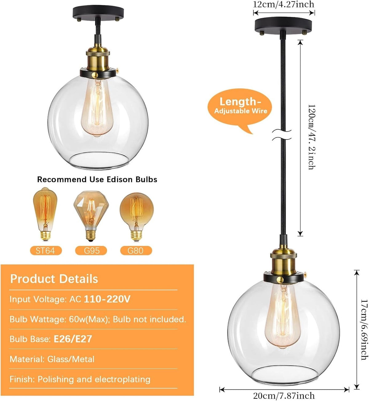 Pendant Ceiling Lights Glass Globe 2 Pack Clear 20cm E27 Vintage Kitchen Hanging