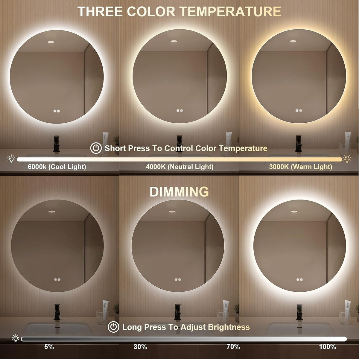 LED Bathroom Mirror Lights 50cm Asymmetric Backlit Anti Fog Dimmable 3 Colours