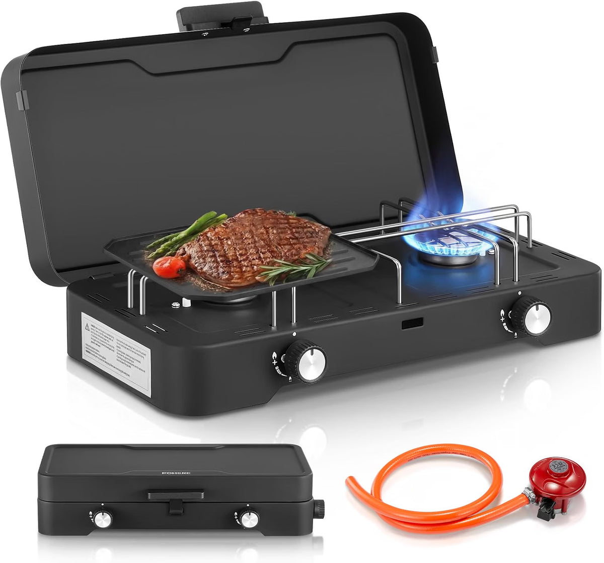 Camping Gas Stove 2 Burner Portable Propane 6000W Adjustable Lid Piezo Ignition