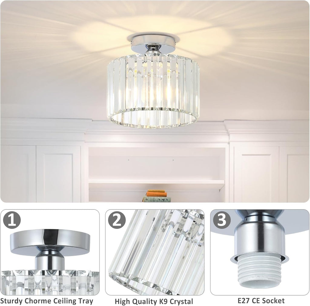 Crystal Ceiling Light Flush Mount Chrome Chandelier Glass Shade