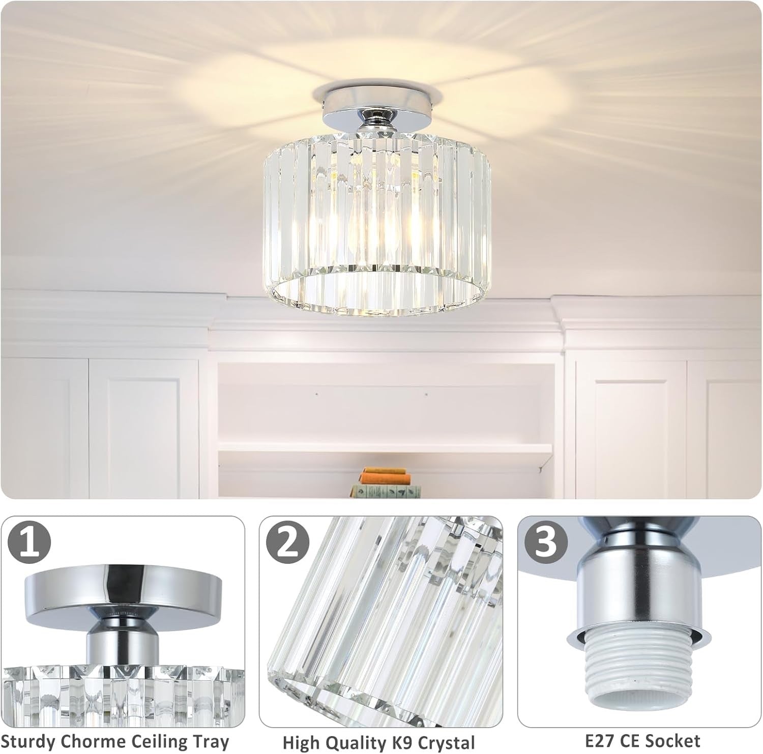 Crystal Ceiling Light Flush Mount Chrome Chandelier Glass Shade
