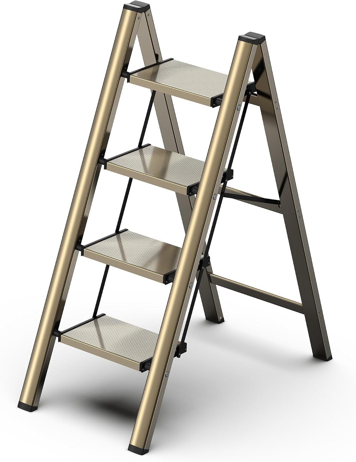 4 Step Ladder Folding Stool Aluminium Anti-Slip Wide Pedals 150kg Gold