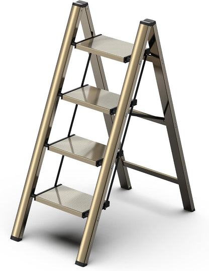 4 Step Ladder Folding Stool Aluminium Anti-Slip Wide Pedals 150kg Gold