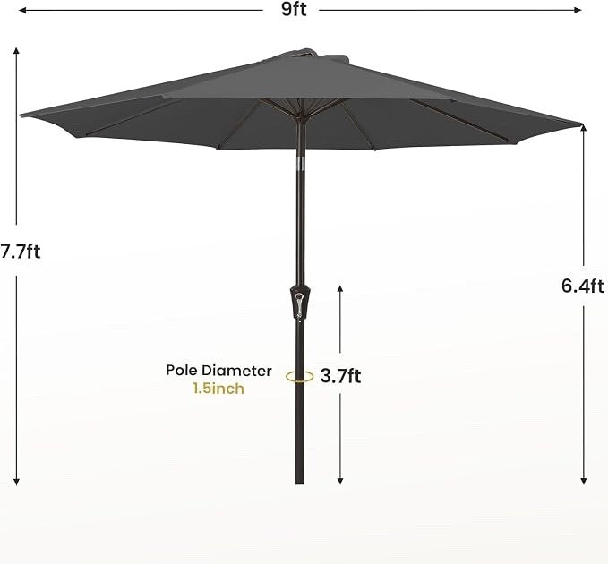 Garden Parasol 2.7m Grey Patio Umbrella UPF50+ Tilt Steel 8 Rib UV Sun Shade