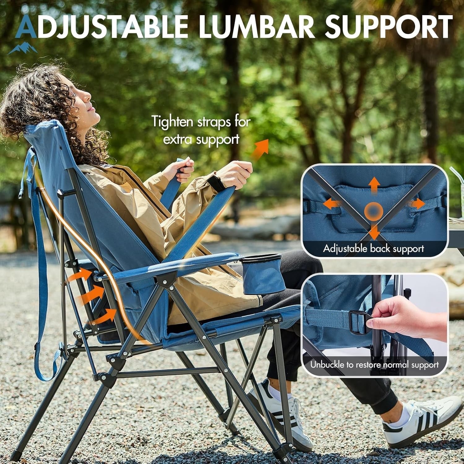 Camping Chair Folding Lumbar Support Heavy Duty 180KG High Back Garden