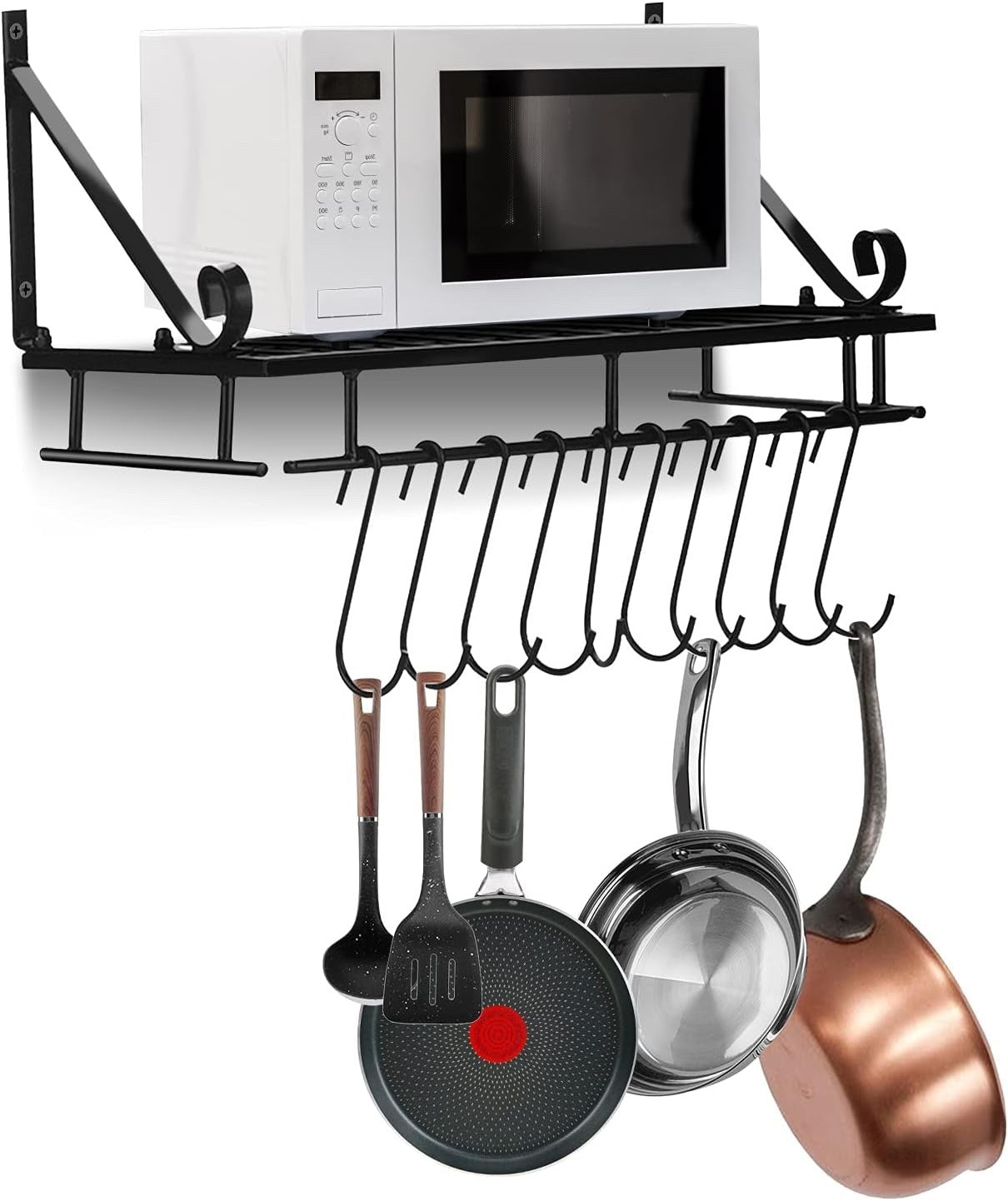 Metal Hanging Pan Pot Rack Wall Mounted With 10 Hook Holders Kitchen Storage