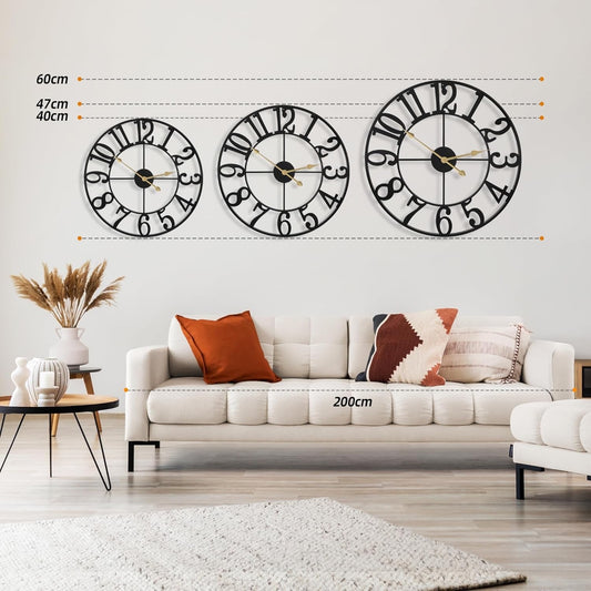 Wall Clock Large 60cm Metal Silent Non Ticking Arabic Numerals Black Decor Home