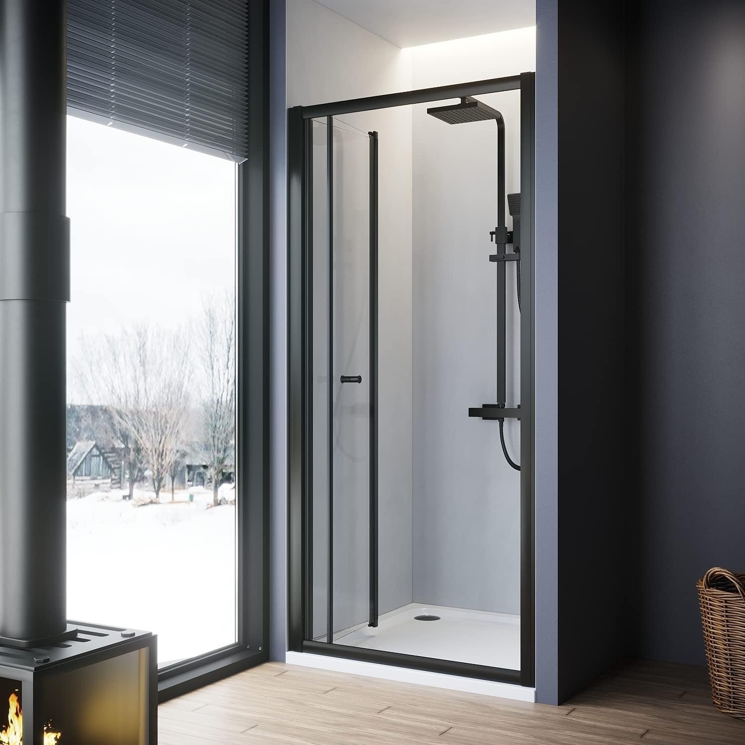900mm Black Bi Fold Shower Door Inward Opening Space Saving Enclosure