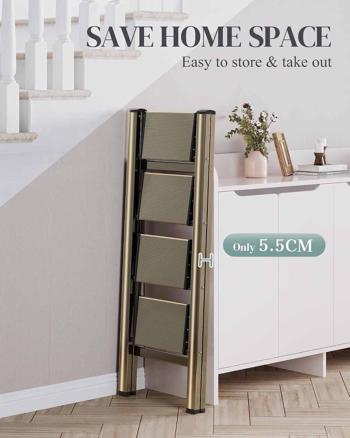 4 Step Ladder Folding Stool Aluminium Anti-Slip Wide Pedals 150kg Gold