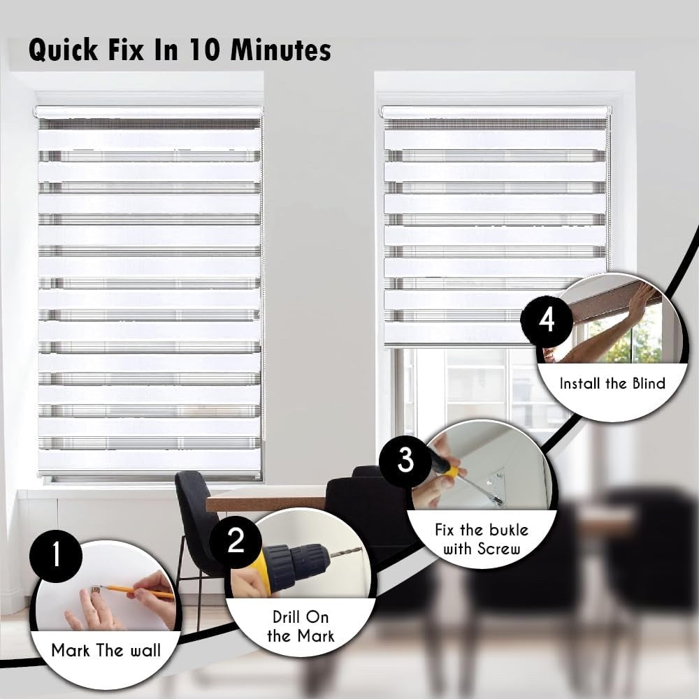 Zebra Roller Blinds Dual Layer No Drill Blackout Day Night 124x165cm White