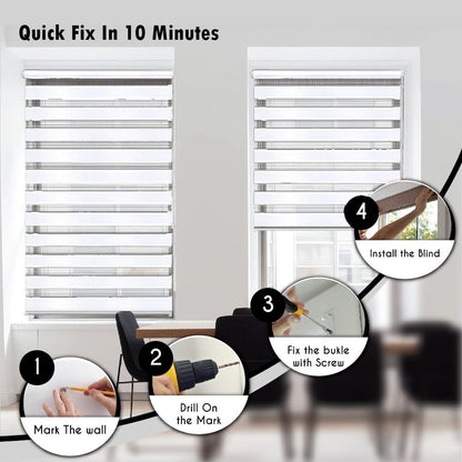 Zebra Roller Blinds Dual Layer No Drill Blackout Day Night 124x165cm White