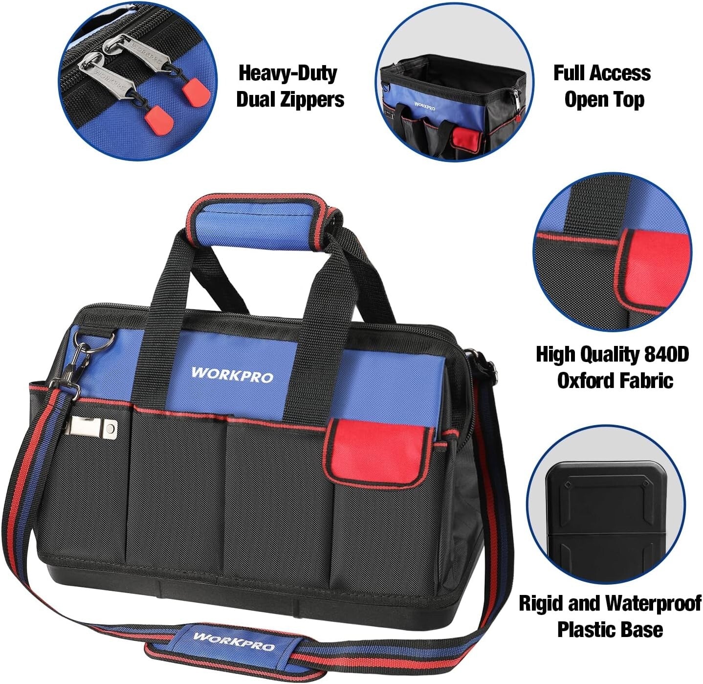 WORKPRO Tool Bag 18 Inch Tool Bag with Waterproof Molded Base Blue Black