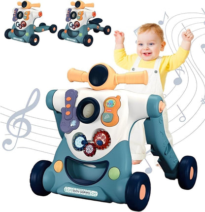 Baby Walker Push Along Toy 3 in 1 Sit Stand Ride On Blue Music Activity Panel