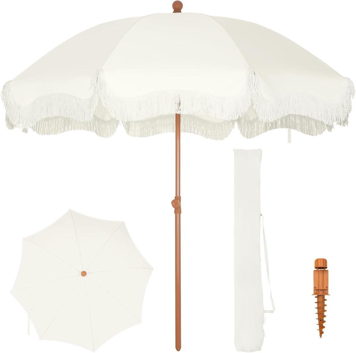 Fringed Beach Umbrella 2m Portable Parasol Ground Drill Ivory UPF50+ Sun Shade
