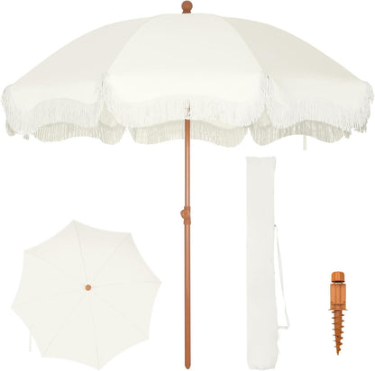 Fringed Beach Umbrella 2m Portable Parasol Ground Drill Ivory UPF50+ Sun Shade