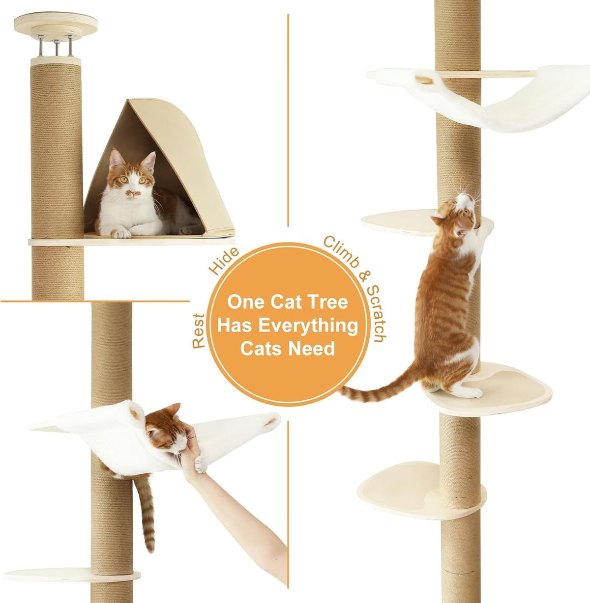 Cat Tree Floor Ceiling 6 Level Adjustable Climbing Scratching Beige AT11-1