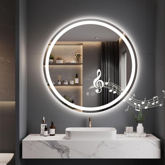 600mm Round LED Bathroom Mirror Bluetooth Speaker Anti Fog Dimmable Light