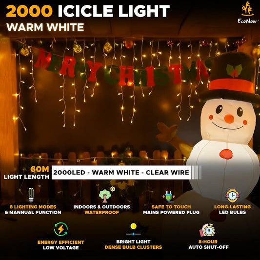 EcoNour Icicle Lights Outdoor Christmas Lights 2000 LED 60M Warm White