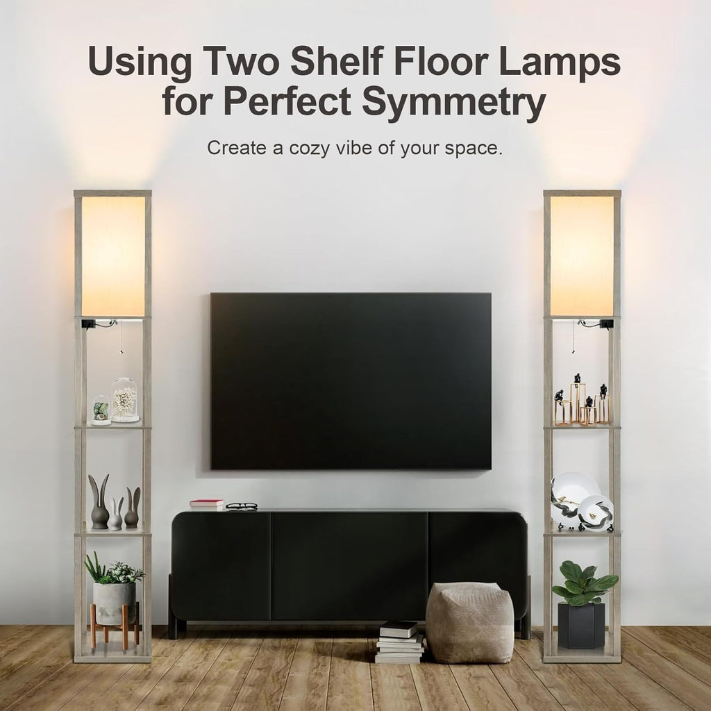 LED Floor Lamp Shelf Remote Dimmable USB Charging 3 Tier Grey Living Room